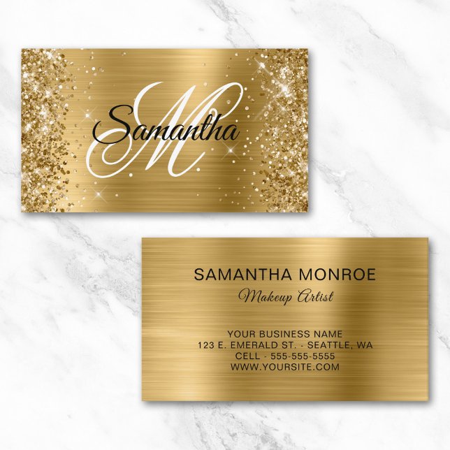 Glittery Gold Foil Extravagant Monogram Visitenkarte (Glittery Gold Foil Fancy Monogram Makeup Artist Business Card)
