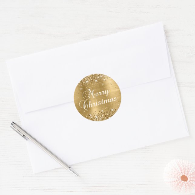 Glittery Gold Foil Frohe Weihnachten Runder Aufkleber (Umschlag)