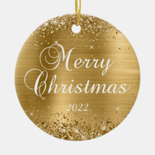 Glittery Gold Foil Frohe Weihnachtsfamilie Foto Keramik Ornament