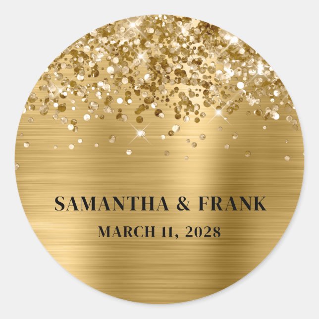 Glittery Gold Foil Glam Wedding Runder Aufkleber (Vorderseite)