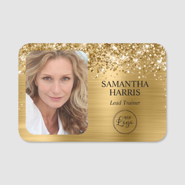 Glittery Gold Foil Logo und Foto Namensschild (Vorderseite)