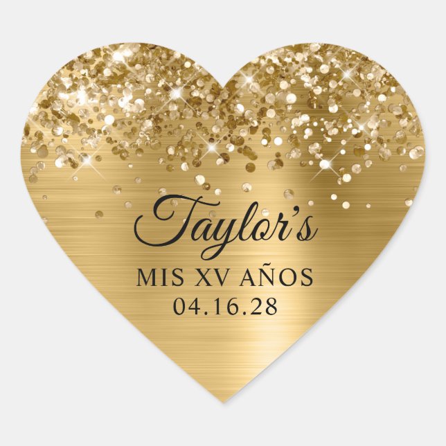 Glittery Gold Foil Mis XV Años Herz-Aufkleber (Vorderseite)
