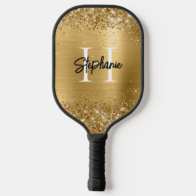 Glittery Gold Foil Mit Monogramm Pickleball Schläger (Rückseite)