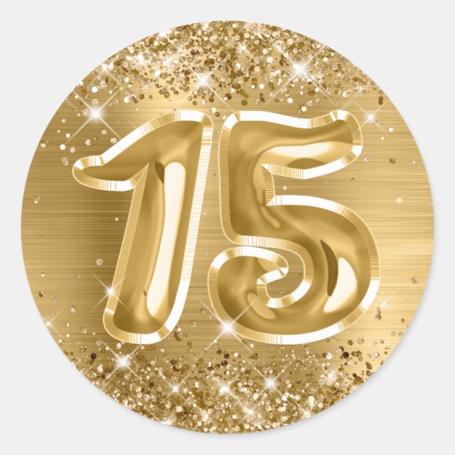 Glittery Gold Foil Number 15 Birthday Runder Aufkleber (Vorderseite)