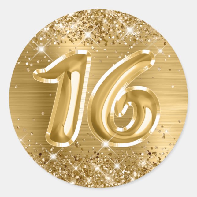 Glittery Gold Foil Number 16 Birthday Runder Aufkleber (Vorderseite)