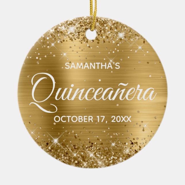 Glittery Gold Foil Quinceñera Keramik Ornament (Vorne)