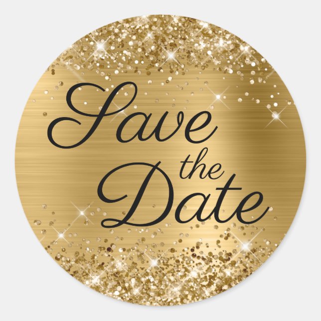 Glittery Gold Foil Schwarzes Elegant Save the Date Runder Aufkleber (Vorderseite)