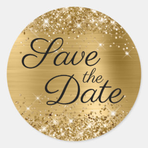 Glittery Gold Foil Schwarzes Elegant Save the Date Runder Aufkleber