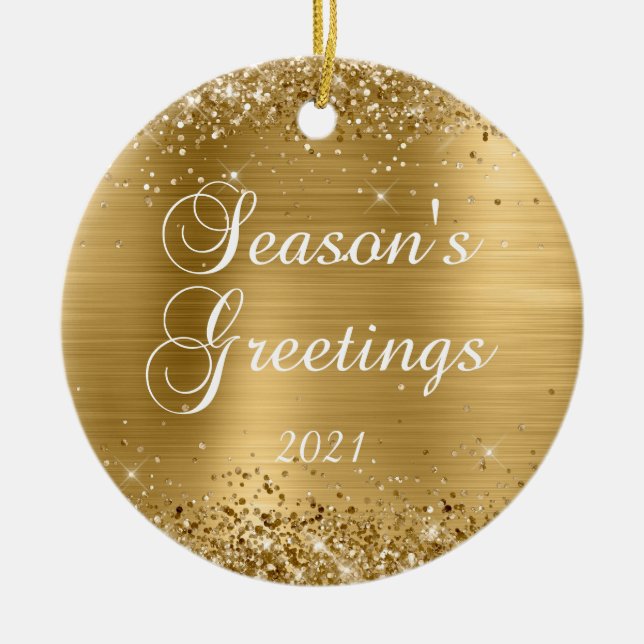 Glittery Gold Foil Season's Greetings Foto Keramik Ornament (Vorne)
