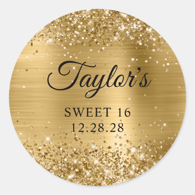 Glittery Gold Foil Sweet 16 Runder Aufkleber (Vorderseite)
