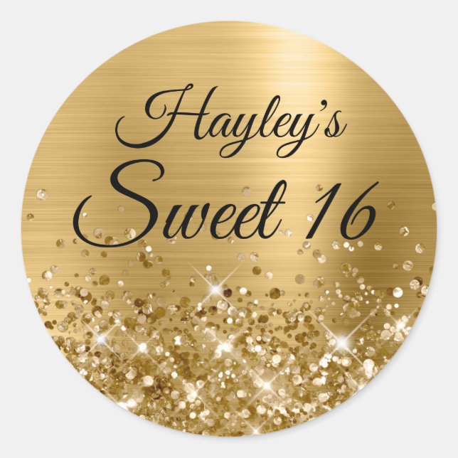 Glittery Gold Foil Sweet 16 Runder Aufkleber (Vorderseite)