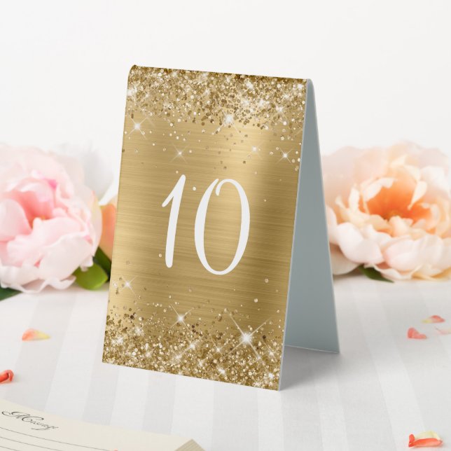 Glittery Gold Foil Wedding Tischnummer Sign Tischaufsteller (In Situ (Hochzeit))