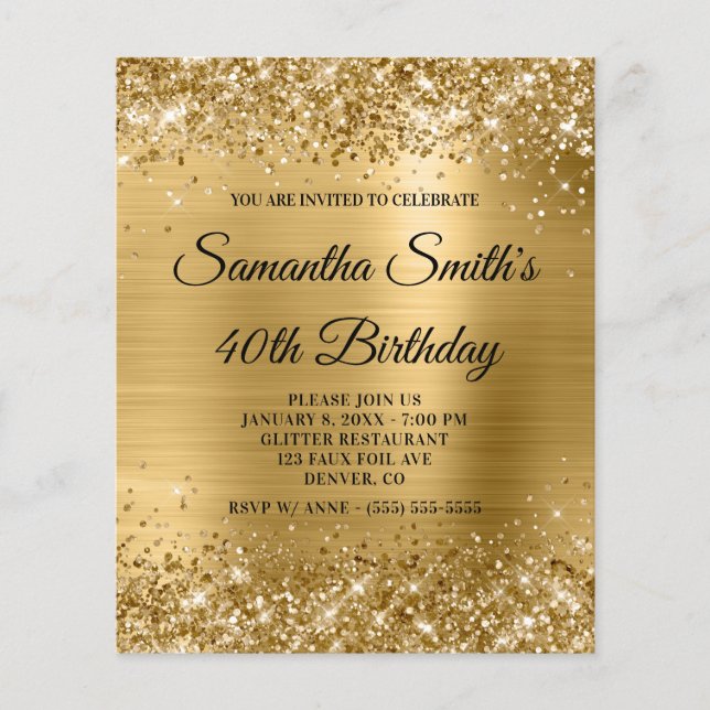 Glittery Gold Glam 40. Geburtstag Einladung Flyer (Vorne)