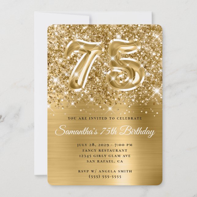 Glittery Gold Glam 75. Geburtstag Einladung (Vorderseite)