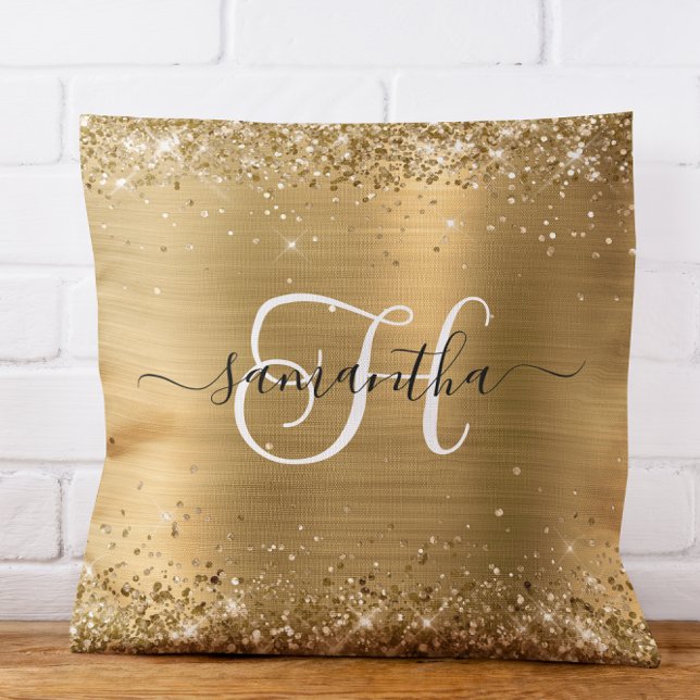 Glittery Gold Glam Mit Monogramm Kissen (Glittery Gold Glam Monogrammed Throw Pillow)