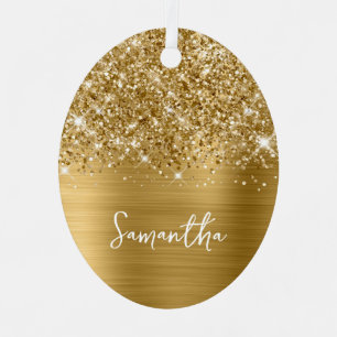 Glittery Gold Glam Name Oval Foto Ornament Aus Metall