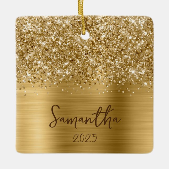 Glittery Gold Glam Name Photo Keramikornament (Vorderseite)