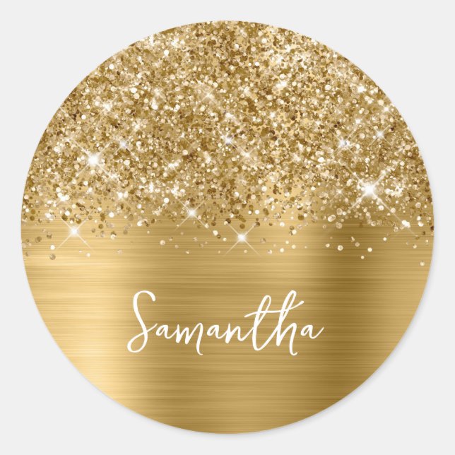 Glittery Gold Glam Name Runder Aufkleber (Vorderseite)