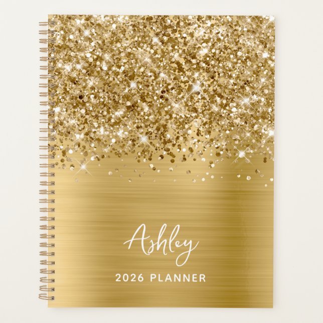 Glittery Gold Glam Personalisiert 2023 Planer (Vorderseite)