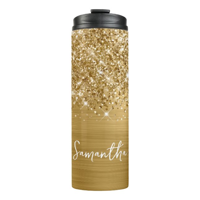 Glittery Gold Glam Personalisierter Name Thermosbecher (Vorderseite)