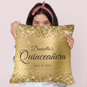 Glittery Gold Glam Quinceanera Foto Kissen