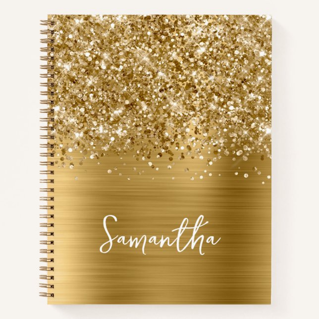 Glittery Gold Glam Script Name Notizbuch (Vorderseite)