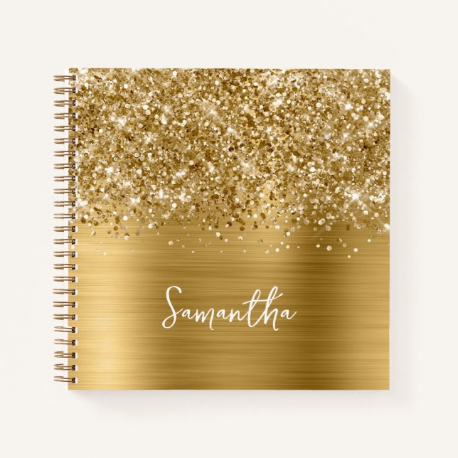 Glittery Gold Glam Script Name Notizbuch (Vorderseite)
