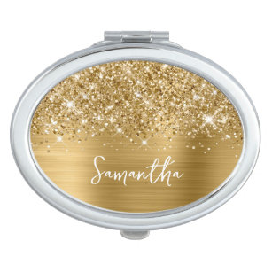 Glittery Gold Glam Script Name Oval Taschenspiegel