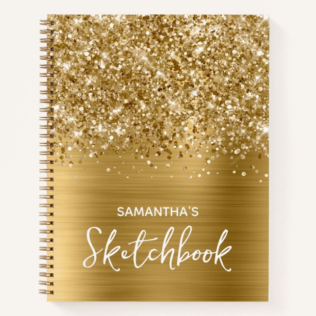 Glittery Gold Glam Sketchbook mit Namen Notizbuch (Vorderseite)