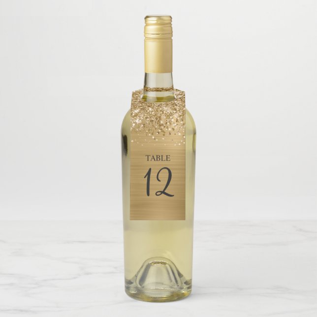 Glittery Gold Glam Tischnummer Flaschenanhänger (Auf Flasche)