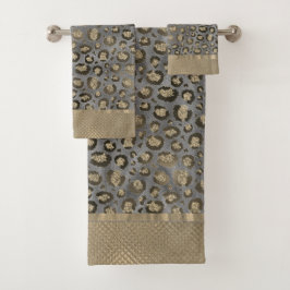 Glittery Gold Leopard Print on Glossy Grau Badhandtuch Set