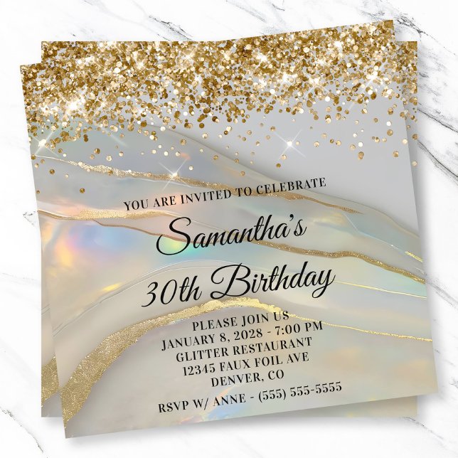 Glittery Gold Marbled Opal 30. Geburtstag Einladung (Glittery Gold Marbled Opal 30th Birthday Invitation)