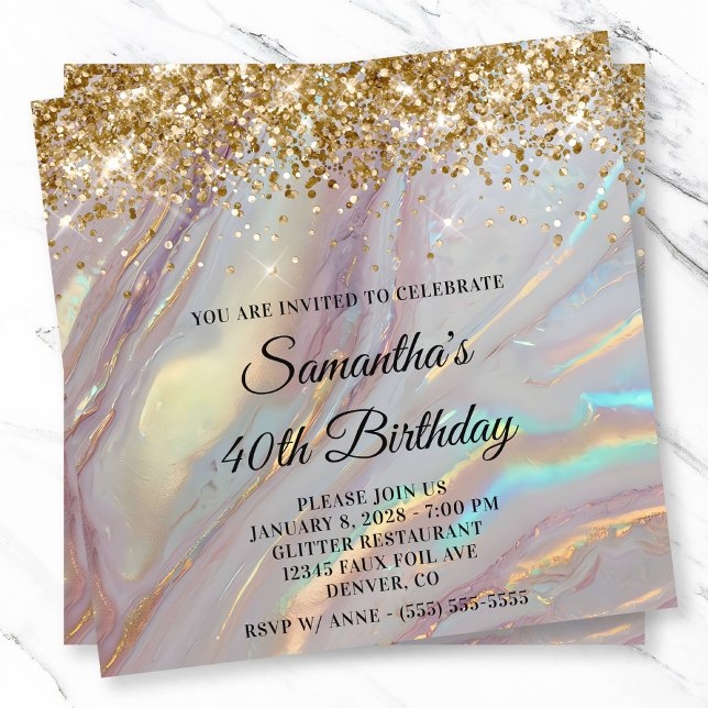 Glittery Gold Marbled Opal 40. Geburtstag Einladung (Glittery Gold Marbled Opal 40th Birthday Invitation)