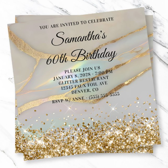 Glittery Gold Marbled Opal 60. Geburtstag Einladung (Glittery Gold Marbled Opal 60th Birthday Invitation)