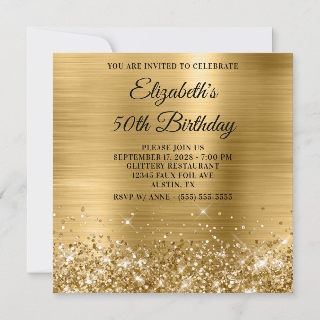 Glittery Gold Metallic 50. Geburtstag Einladung (Vorderseite)