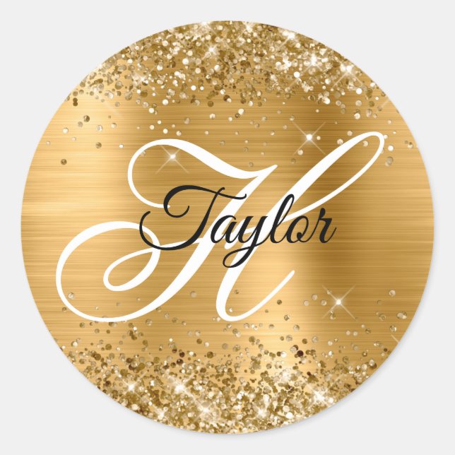 Glittery Gold Metallic Extravagant Monogram Runder Aufkleber (Vorderseite)