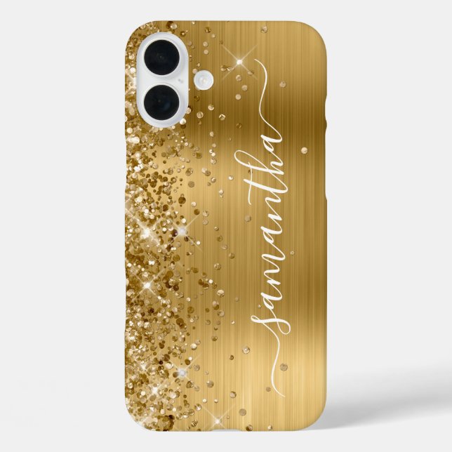 Glittery Gold Metallic Girly Signature iPhone 16 Plus Hülle (Rückseite)