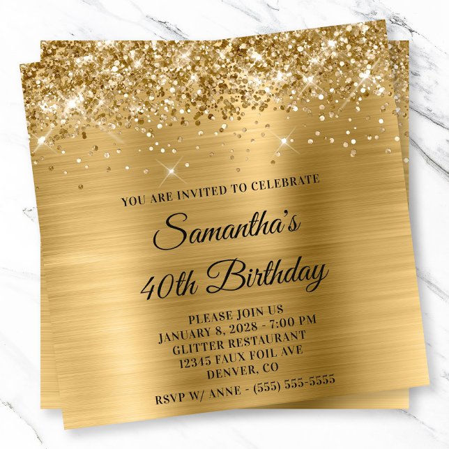 Glittery Gold Metallic Look 40. Geburtstag Einladung (Glittery Gold Metallic Look 40th Birthday Invitation)