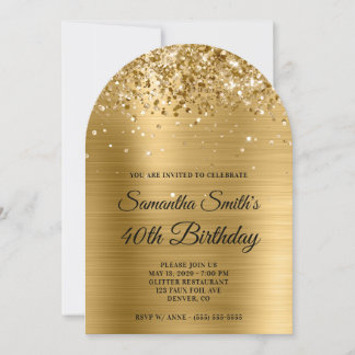 Glittery Gold Metallic Monogram 40. Geburtstag Einladung