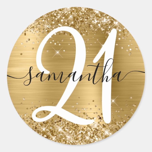Glittery Gold Metallic Personalisiert 21 Runder Aufkleber (Vorderseite)