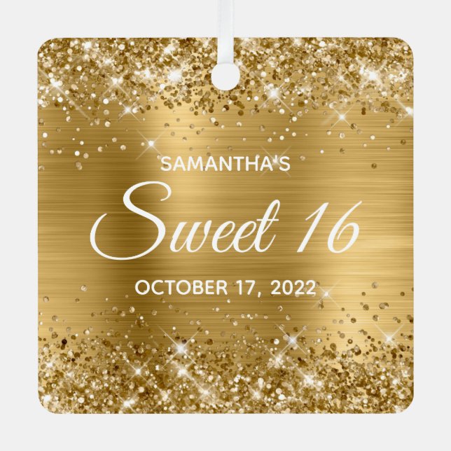 Glittery Gold Ombre Foil Sweet 16 Ornament Aus Metall (Vorderseite)