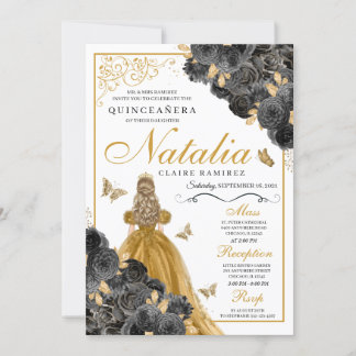 Glittery Gold Rose Butterfly Prinzessin Quinceañer Einladung