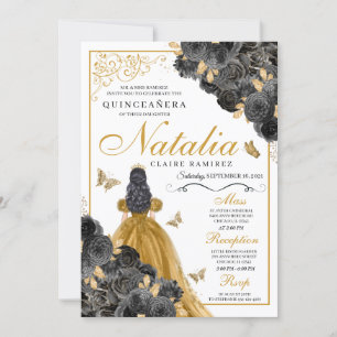 Glittery Gold Rose Butterfly Prinzessin Quinceañer Einladung