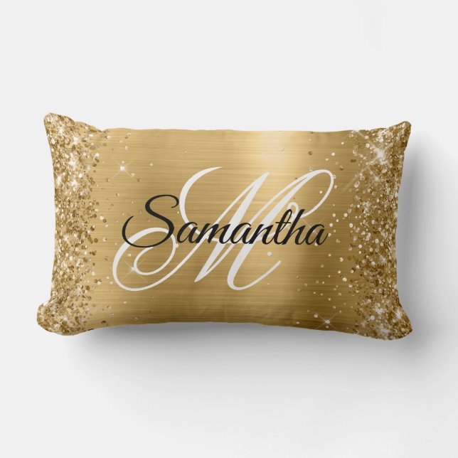 Glittery Gold Satin Foil Monogram Lendenkissen (Vorderseite)