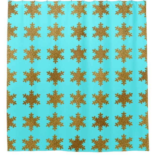 Glittery Gold Snowflake Muster Türkis Blau Duschvorhang (Vorderseite)