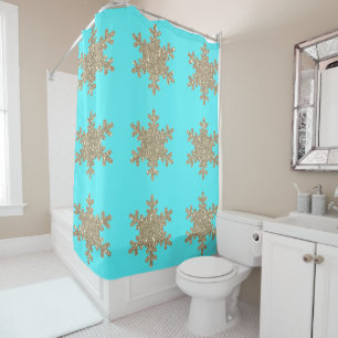 Glittery Gold Snowflakes Patterns Türkis Blau Duschvorhang