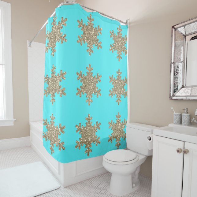 Glittery Gold Snowflakes Patterns Türkis Blau Duschvorhang (Beispiel)