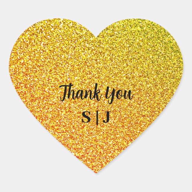 Glittery Gold Sparkle Wedding Monogram Vielen Dank Herz-Aufkleber (Vorderseite)