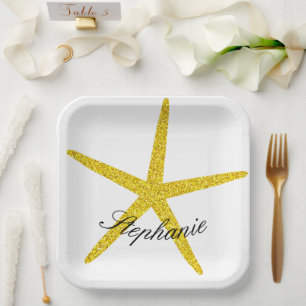 Glittery Gold Starfish Muster Individuelle Name El Pappteller