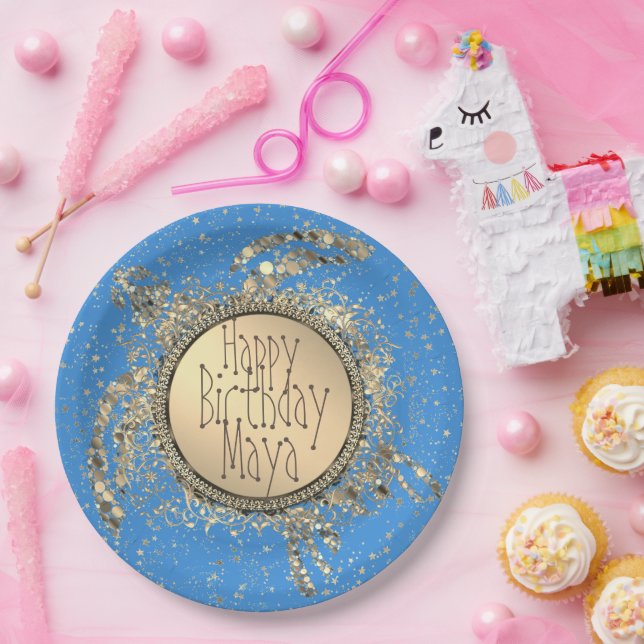 Glittery Gold Turtle auf Blue Birthday Paper Plate Pappteller (Party)